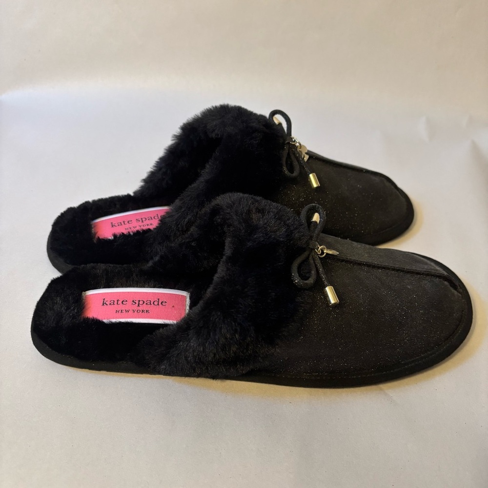Kate Spade Black Faux Fur Glitter Slippers Size 9B - Picture 4 of 12